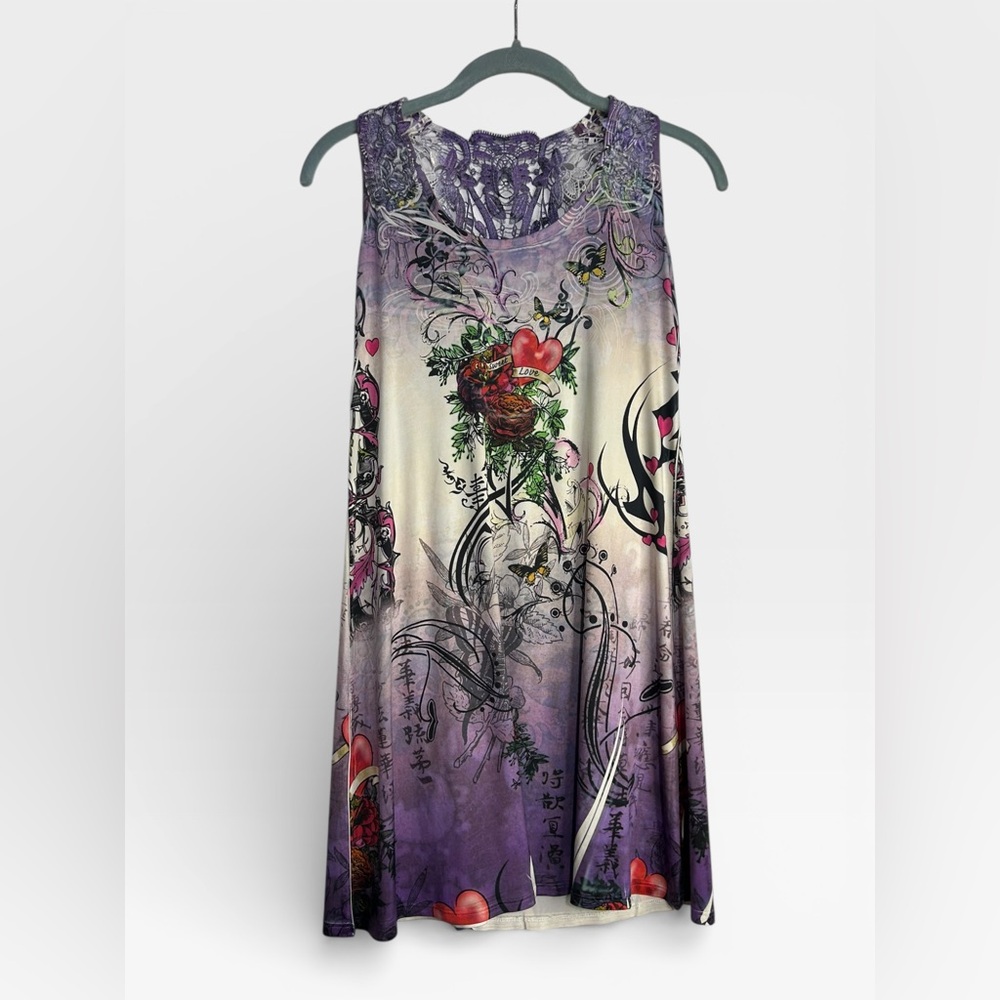 Vegas Royalty Y2K Purple Graphite Print Paisley Crochet Back Tank Top Medium